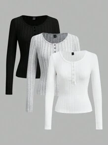SHEIN EZwear 3 Packs Women Solid Knit Button Half Placket Long Sleeve Casual T-Shirt, Spring/Summer