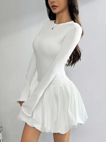SHEIN EZwear Women's Trumpet Sleeves Bubble Mini Dress - White - View 3