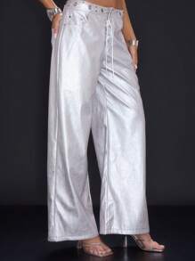 MUSERA Y2K 90年代夏季派对金属质感镂空腰带长裤 - 銀色 - 查看 3