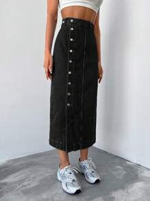 EURMUSE Button Front Split Thigh Denim Skirt - Black - View 5