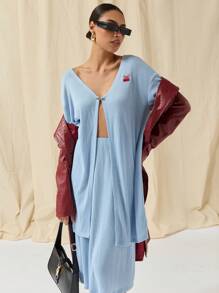 COSMINA 2 件套女士樱桃刺绣开衫和裙子套装，秋季休闲装 - 藍色 - 查看 7