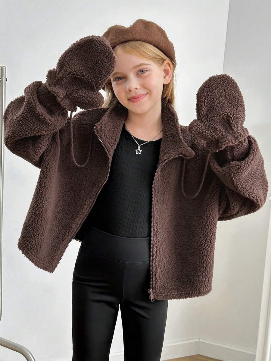 Tween Girls' Casual Relaxed Comfy Soft Warm Hooded Fuzzy Jacket With Hand Mittens - Brown - View 1