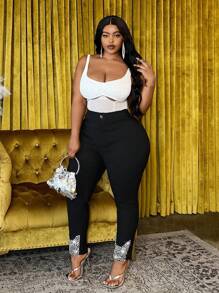 Slaydiva Casual Fashion Plus Size Women Rhinestone Decorated Tight Leggings - Dark Grey - View 11