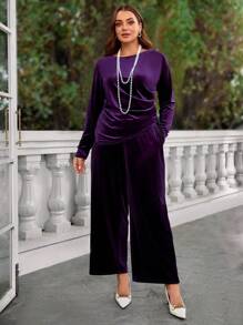 EMERY ROSE Plus Size Elegant Purple Pleated Top And Pockets Pants Two Pieces Winter Women Clothes - Purple - View 5