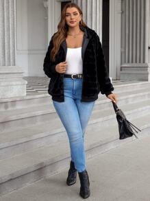 EMERY ROSE Plus Size Simple Plain Zip-Up Front Pocket Casual Faux Rabbit Fur Jacket, For Winter