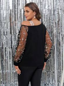 SHEIN Clasi Plus Size Lace Patchwork Long Sleeve Simple Casual Top - Black - View 2