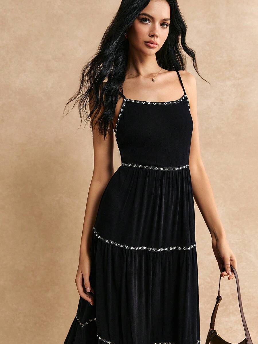 Poéselle Váy trang trí ruy băng đi biển mùa hè Váy vải mềm mại có họa tiết Váy mùa hè màu pastel Váy đen Váy mùa hè Váy dài đi biển Váy đi biển cho phụ nữ Váy vải lanh Đầm suông Boho