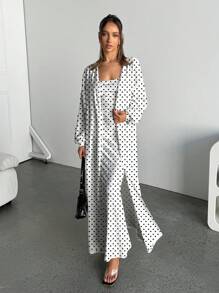 SHEIN SXY 2 件套：复古波尔卡圆点图案无袖连衣裙和超长开衫毛衣，休闲家居服，秋冬 - 彩色 - 查看 5