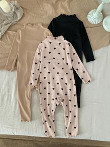 SHEIN LMoss Kids LMoss 3pcs/Set Newborn Baby Girl Cute Knitted Elastic Polka Dot Long Sleeve Jumpsuit Set, Autumn/Winter - Multicolor - View 2