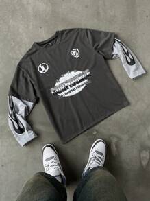 PAVTROS 男士休闲秋季彩色块字母印花仿分层长袖 T 恤，男朋友礼物，趣味图案平纹针织衬衫，街头装，适合外出 - 彩色 - 查看 1