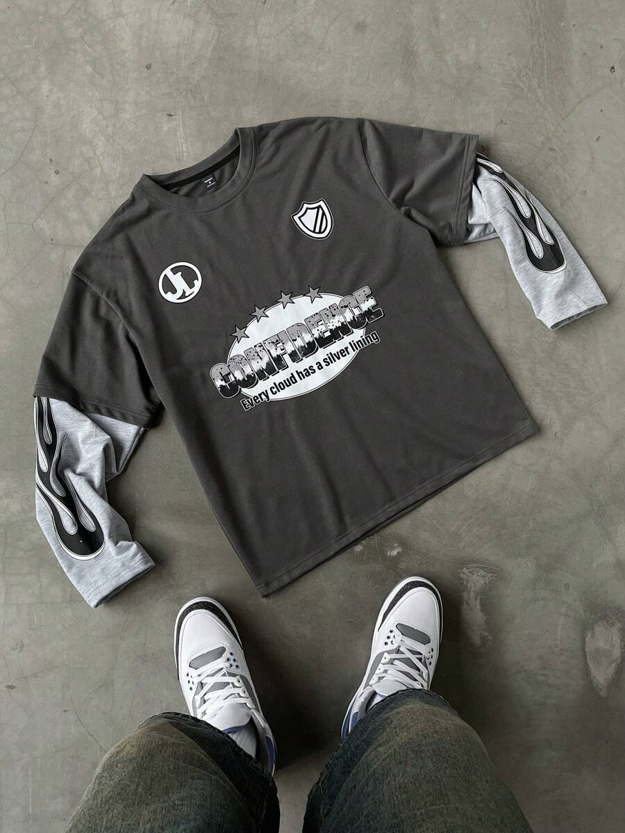 PAVTROS 男士休闲秋季彩色块字母印花仿分层长袖 T 恤，男朋友礼物，趣味图案平纹针织衬衫，街头装，适合外出 - 彩色 - 查看 1