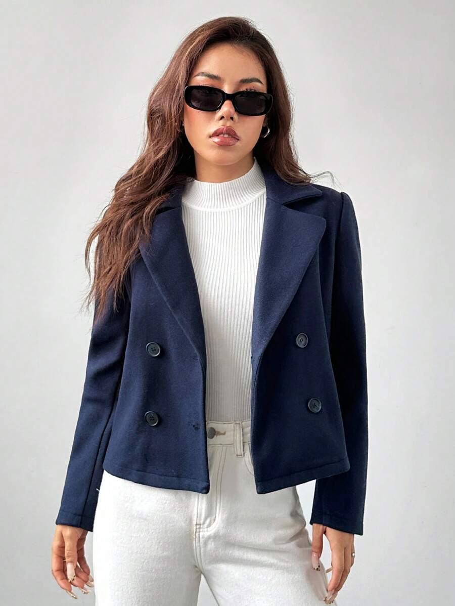 SHEIN PETITE 1件女款秋冬純色彼得潘領長袖雙排扣短版夾克,適合嬌小女性 - 藏蓝色 - 查看 1
