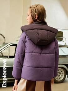 SHEIN Urban Casual Style Colorful Patchwork Ribbon Design Hooded Padded Coat, Girls Plus Padded Coat For City Street Snap Everyday Winter Wear - Multicolor - View 3