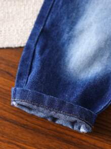SHEIN Bộ 2 quần yếm denim và áo sơ mi kẻ caro màu sắc thường ngày cho bé trai mùa thu/đông, mặc trong nhà và ngoài trời - Rửa trung bình - Xem 5
