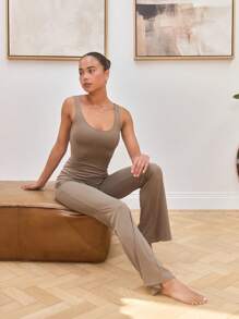 Musera Sport Open Back Flared Unitard Jumpsuit,Padel, Tennis, Pickleball Gym Fitness - Khaki - View 4