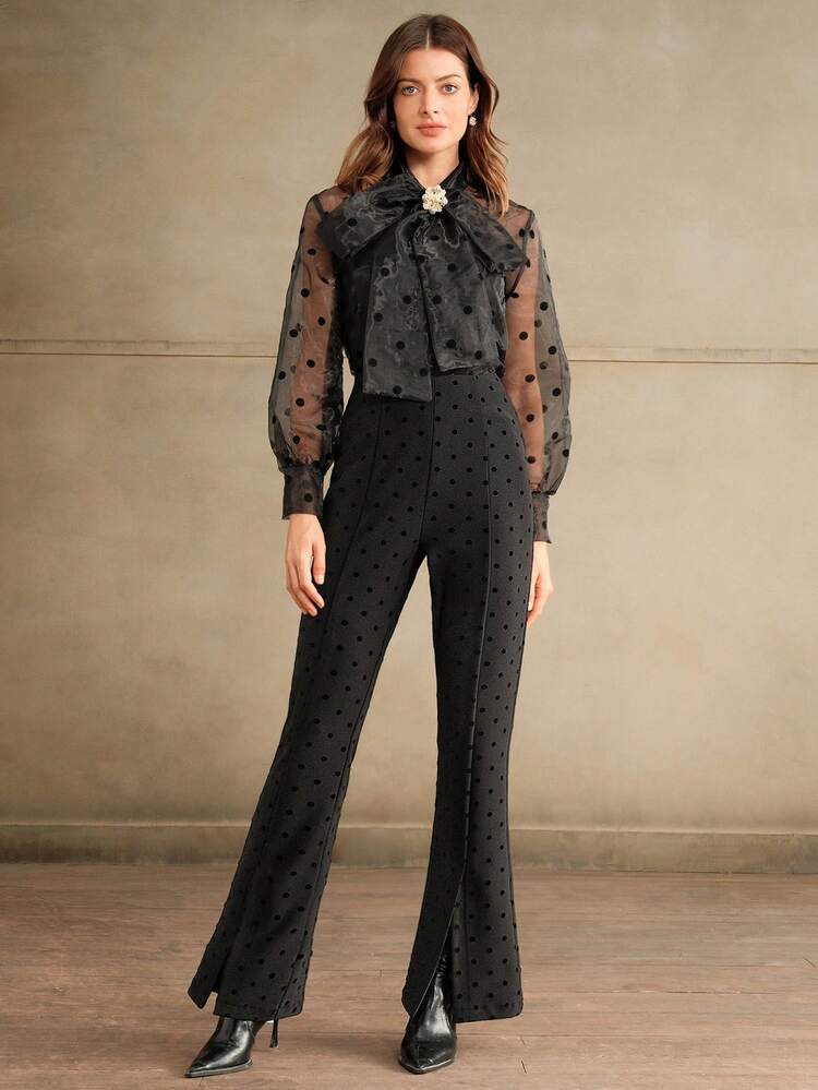 Fashionable High Waist Slit Polka Dot Flare Pants For Women