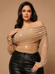 SHEIN BAE 大码秋季单件优雅派对性感甜美女士裸色透明水钻装饰露肩抹胸聚拢长袖上衣派对装生日派对上衣 - 駝色 - 查看 3