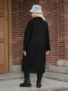SHEIN EZwear Plus Size Coat With Tie Waist And Turn-Down Collar, For Autumn/Winter - Black - View 2