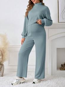 SHEIN Maternity Summer Outfits Mock Neck Drop Shoulder Long Sleeve Tee, Wide Leg Pants - Blue - View 4