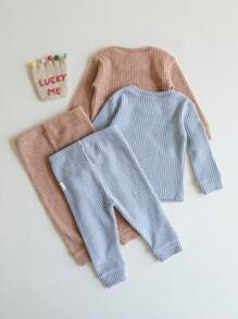 SHEIN 4pcs Baby Boy Snug Fit Solid Soft Round Neck Long Sleeve Top And Long Pants Pajama Set, Comfortable Homewear For Autumn/Winter