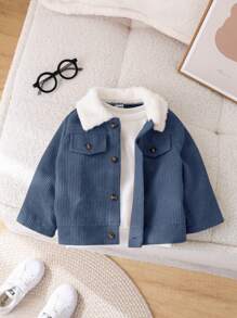 SHEIN Leap Crew Baby Boy/Girl Casual Cute Versatile Corduroy Patchwork Fuzzy Collar Long Sleeve Jacket, Suitable For Autumn & Winter - Blue - View 8
