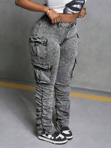 Slaydiva Plus-Size Women's Grey Multi-Pocket Jeans, Sexy Tight-Fitting Stretch Flared Jeans, Street Style Y2K, Christmas. - Black - View 1