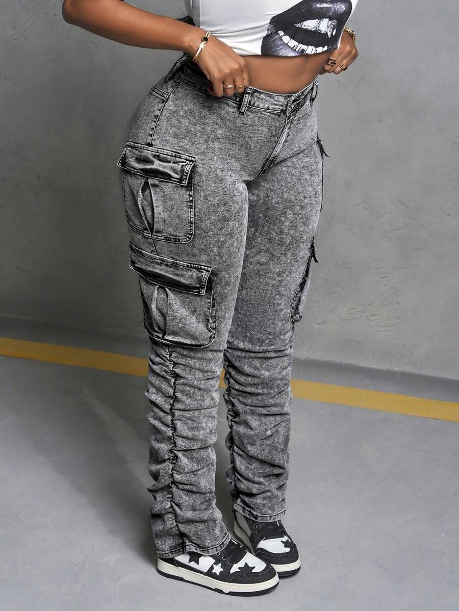 Slaydiva Plus-Size Women's Grey Multi-Pocket Jeans, Sexy Tight-Fitting Stretch Flared Jeans, Street Style Y2K, Christmas. - Black - View 1