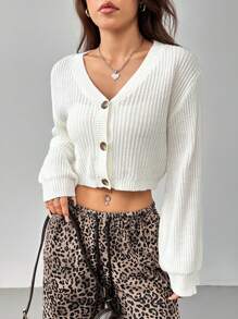 SHEIN PETITE White Lantern Sleeve Button Front Rib Knit Cardigan,Off The Shoulder Sweater In Fall/Winter - White - View 8