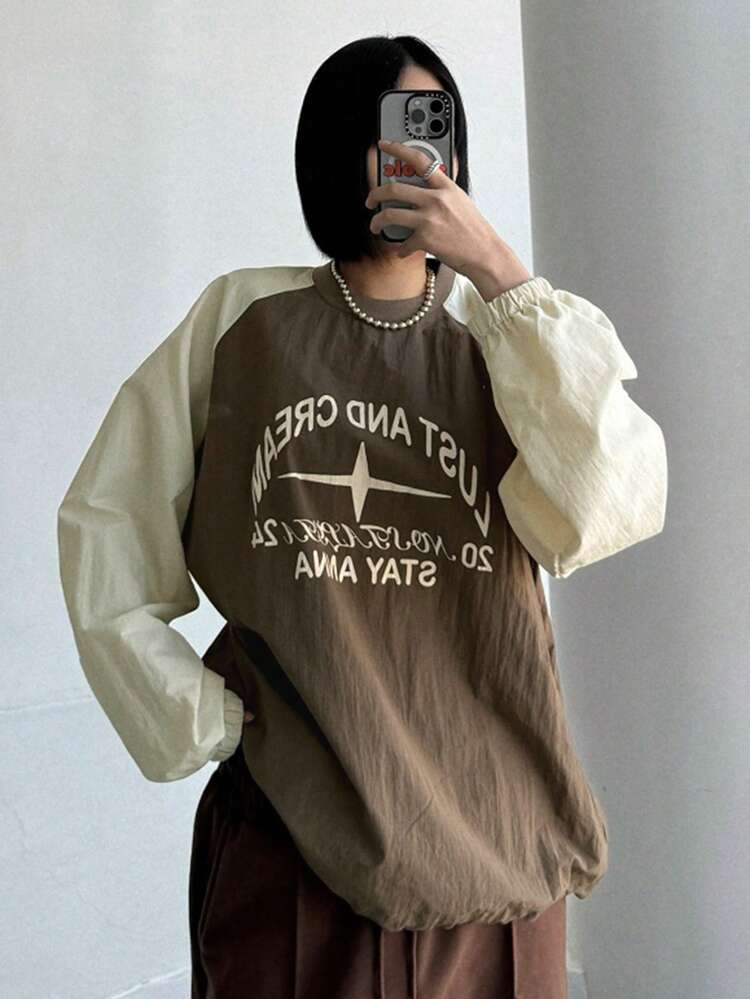 Women's Color Block Pattern Print Raglan Sleeve Loose Pullover Blouse,Fall Clothes Graphic Tee Long Sleeve