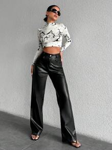 RueChic High Waist Contrast Piping Straight Leg Jeans - Black - View 1