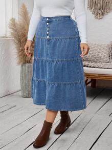 SHEIN LUNE Plus Size Casual Everyday Front Button Ruffle Hem Denim A-Line Skirt, Autumn