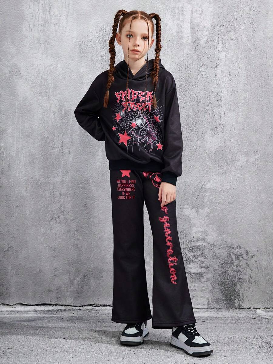 SHEIN Explorewe 2pcs/Set Goth Punk Stylish Graphic Print Fleece Sweatshirt Set For Tween Girls - Black - View 1