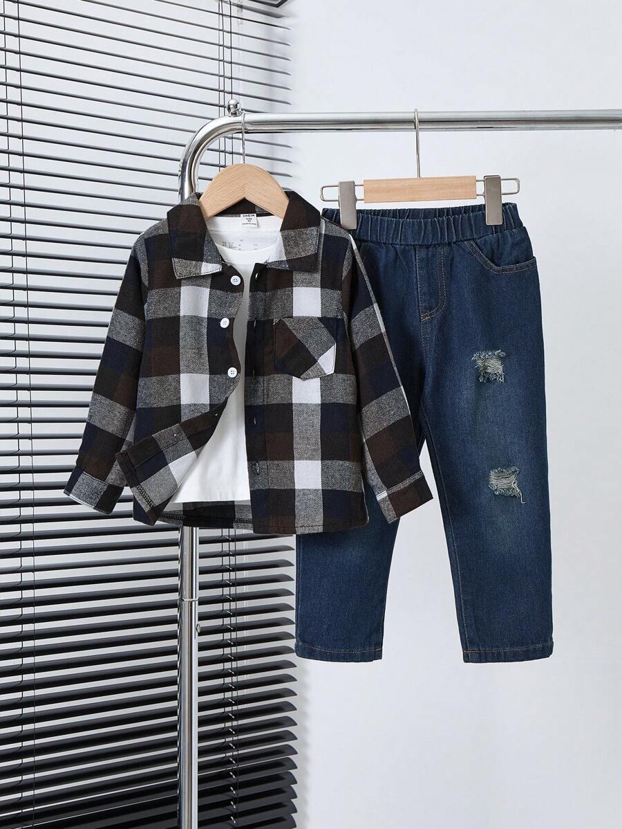 SHEIN Young Boy Plaid Shirt And Ripped Jeans - Multicolor - View 1