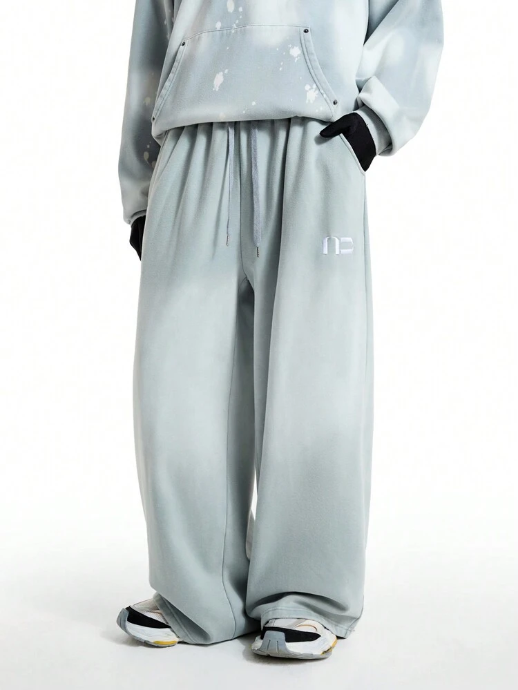 2pcs Men's Embroidered Distressed Hoodie And Drawstring Waist Pants Set, For Fall Winter