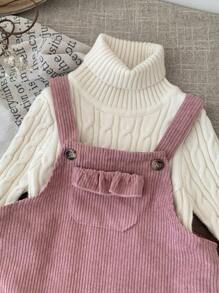 SHEIN LMoss Kids LMoss 女婴可爱粉色灯芯绒连身裙，适合秋冬季 - 粉色 - 查看 5