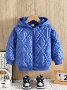 SHEIN Leap Crew 1pc Boys Casual Comfortable Warm Hooded Short Blue Padded Coat, Suitable For Outings, School, Daily Gatherings, Autumn/Winter Season - Royal Blue - View 4