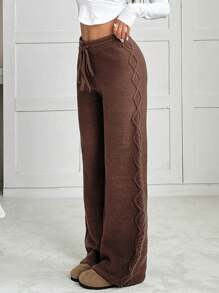 SHEIN EZwear Ladies Solid Color Waist Tie Chunky Knit Sweater And Wide Leg Pants Set In Fall/Winter - Brown - View 1