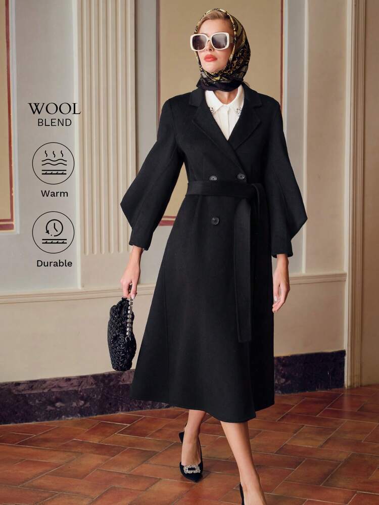 ZEYLAH WOOL LAPEL COLLAR LANTERN SLEEVE PEA OVERCOAT
