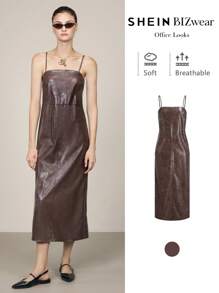 BizChic Women's Elegant Commuter Slip Dress In Leather, Christmas Outfit - Coffee Brown - View 1