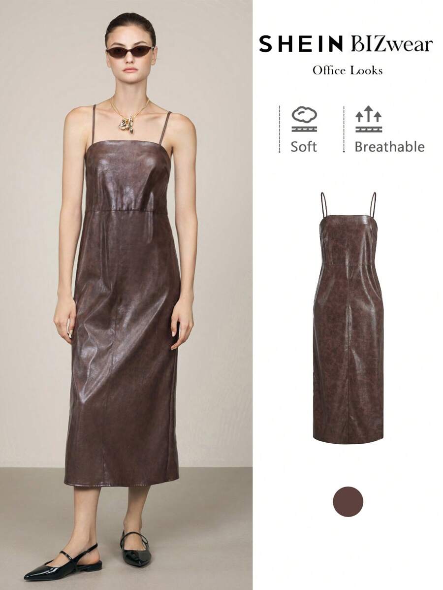 BizChic Women's Elegant Commuter Slip Dress In Leather, Christmas Outfit - Coffee Brown - View 1
