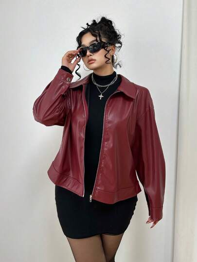 POPSWAY Plus Size Front Zip-Up Solid Color PU Leather Moto Jacket With Collar, Winter Fall Cloth For Women Autumn