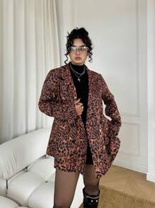 Calvaya Plus Size New Retro Oversized Chic Leopard Print Blazer For Women, Spring Autumn