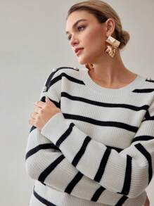 MOTF STRIPED PATTERN DROP SHOULDER OVERSIZE BUTTON DETAIL SWEATER WITHOUT BELT