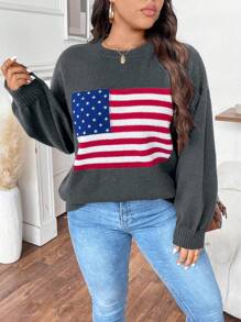 Calvaya 大码休闲美国国旗图案毛衣，秋冬针织套头衫 - 深灰色 - 查看 3