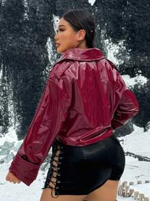 SHEIN SXY Plus Size Women Christmas Faux Leather Short Trench Coat, Suitable For Nightclub Party, Suitable For Christmas Eve, Fall & Winter, Date Night, Birthday, Bachelorette Party, Streetwear, Going Out, Easy To Match & Looks Slim, Accent Your Body, Flatter The Figure - Red - View 2