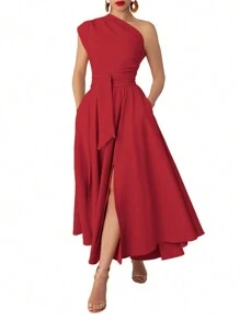 Women's Summer Elegant Solid Color Asymmetric Collar Split Long Dress - Red - View 4