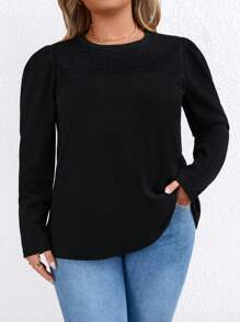 SHEIN LUNE Plus Size Women Jednolity Kolor Okrągły Dekolt Długi Rękaw Casual T-shirt, Jesień