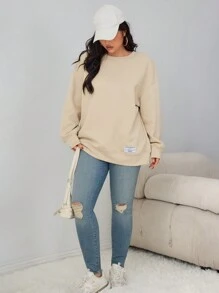 Mulvari Plus Size Casual Slogan Print Drop Shoulder Loose Sweatshirt, Autumn/Winter - Khaki - View 5