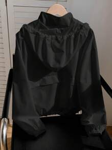 Comfortcana 1 pieza Chaqueta casual con capucha, cremallera frontal, manga larga y protección solar, de unicolor, para otoño/invierno - Negro - Ver 5