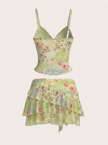 Sweetina 2 件花卉印花吊带背心和低腰多肩带装饰迷你裙套装 - 綠色 - 查看 2